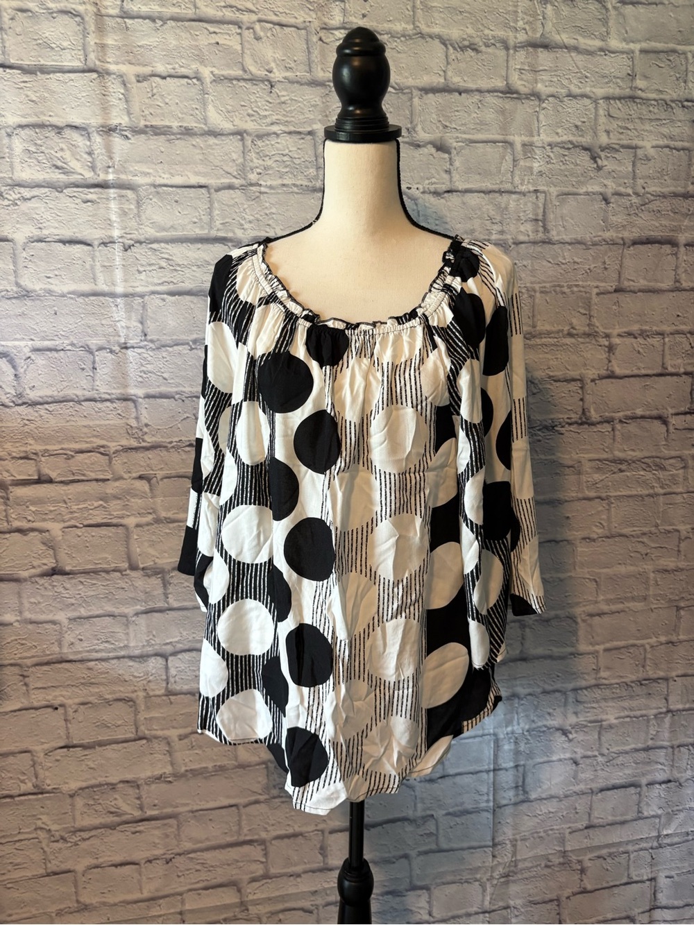 Cato Black & White Polka Dot Peasant Tunic